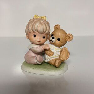 Enesco Figurine Girl and Teddy Bear Grass Base #1424 3.25"